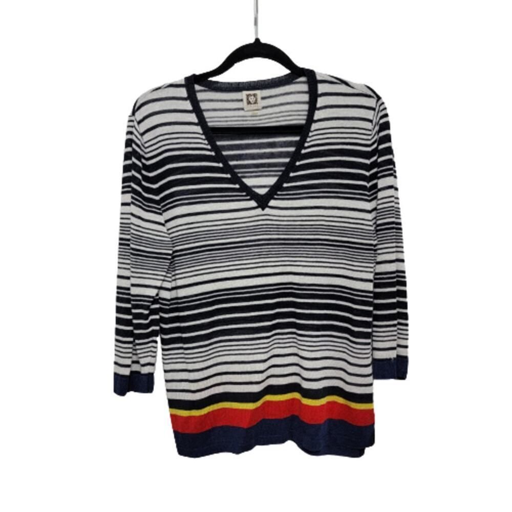 Anne Klein Linen Blend Striped V-Neck Sweater Blue Nautical Size L Coastal
